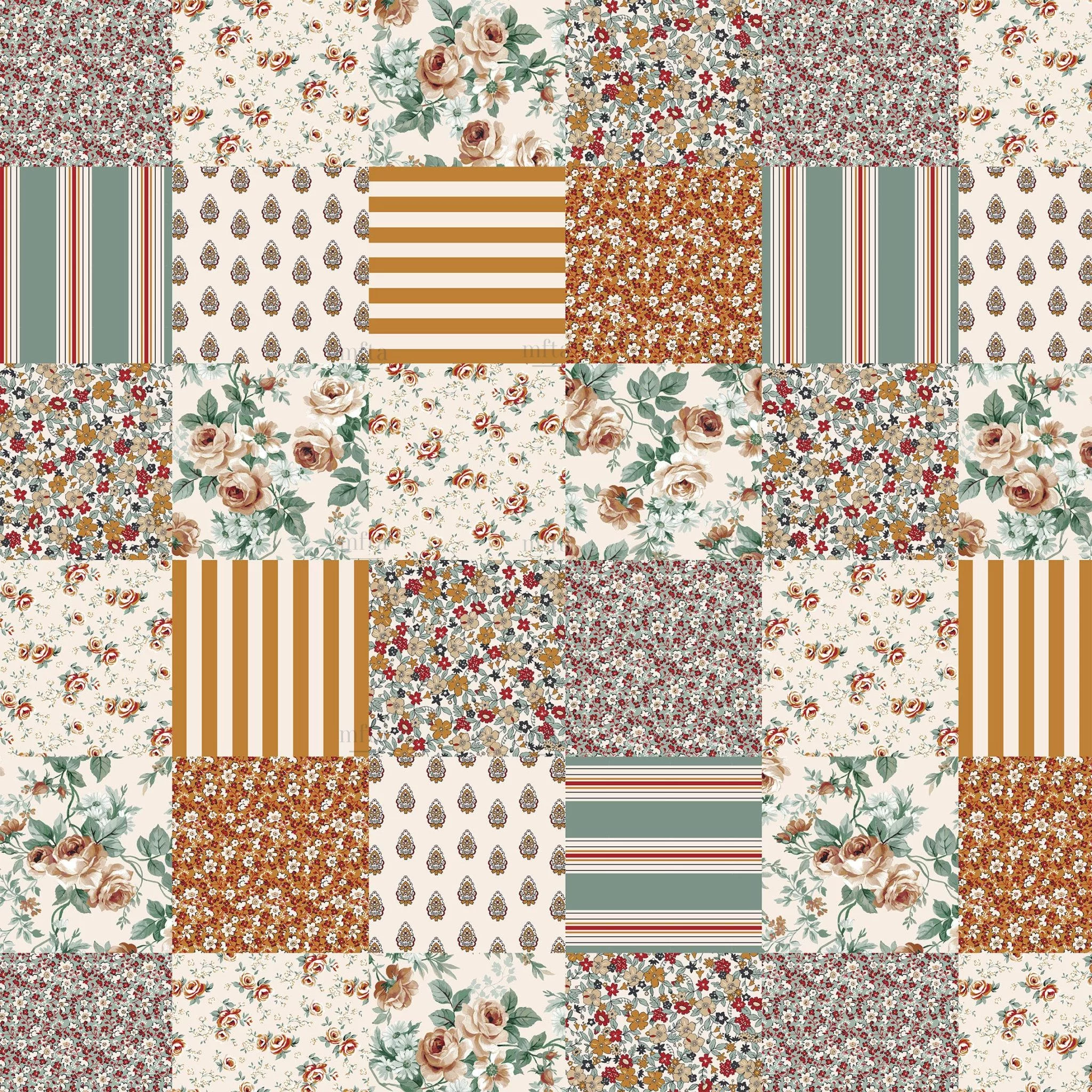 Katoen Stof Fleurville Patchwork Bloemen Oker – Vintage