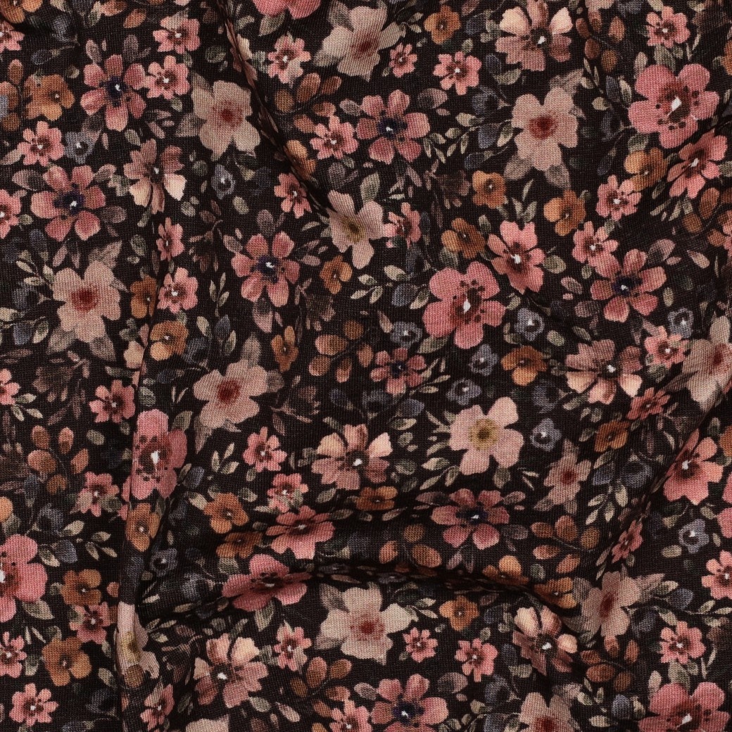 Jersey Katoen Bloemen Bruin – Zacht, Rekbaar & Ademend