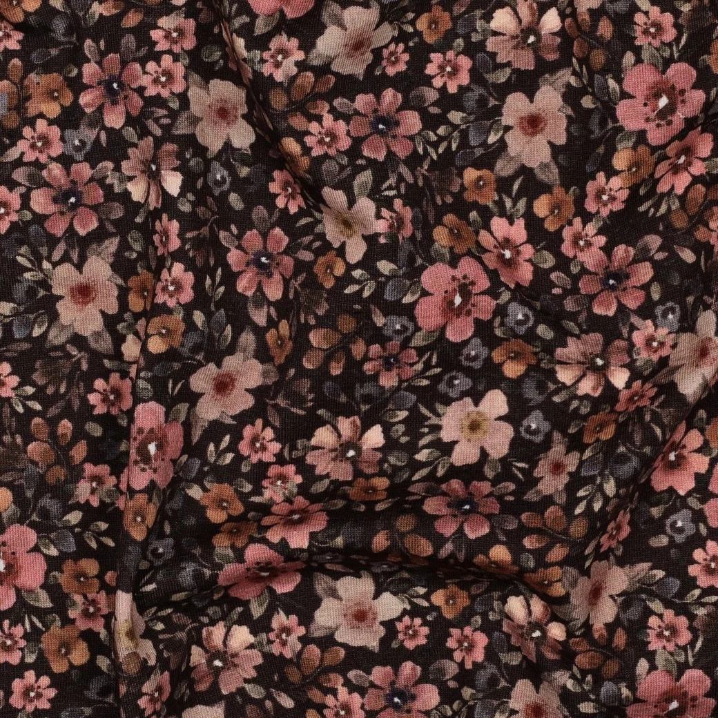 Jersey Katoen Bloemen Bruin – Zacht, Rekbaar & Ademend