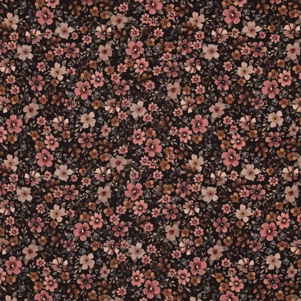 Jersey Katoen Bloemen Bruin – Zacht, Rekbaar & Ademend
