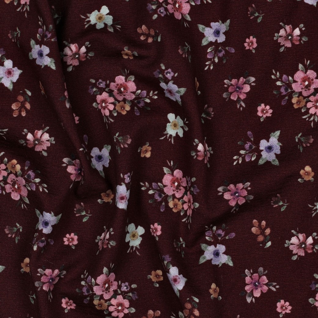 Jersey Katoen Bloemen Bordeauxrood – Zacht, Rekbaar & Ademend