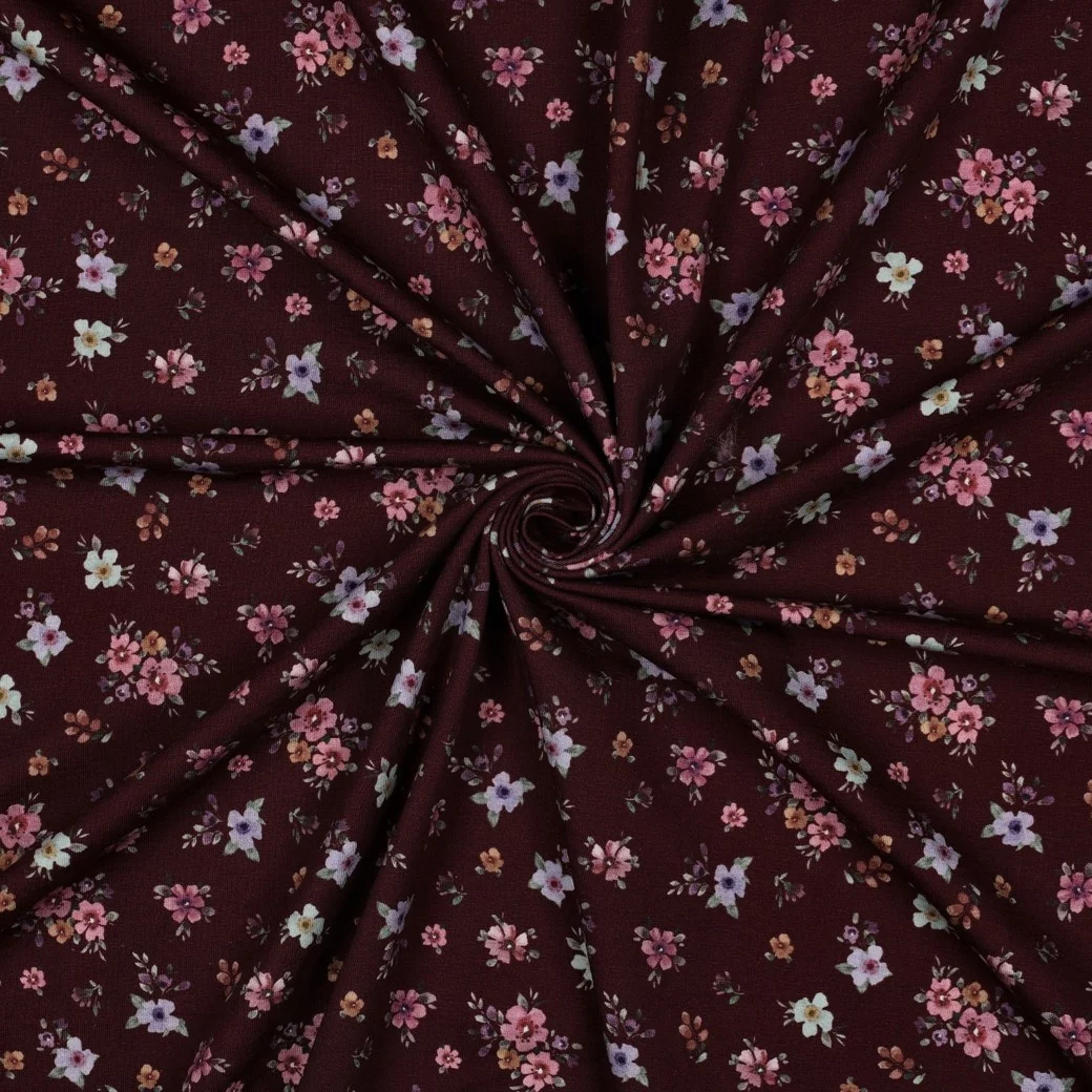 Jersey Katoen Bloemen Bordeauxrood – Zacht, Rekbaar & Ademend