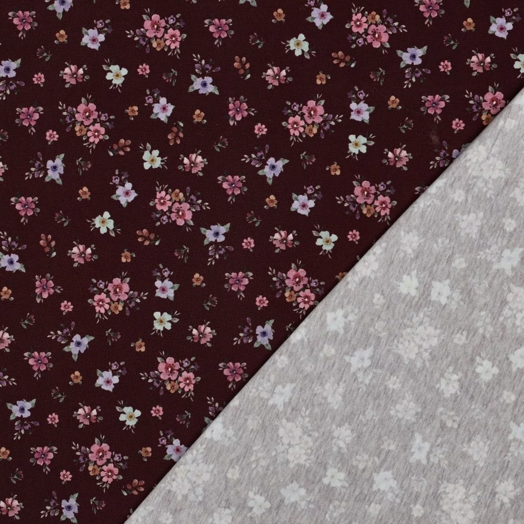 Jersey Katoen Bloemen Bordeauxrood – Zacht, Rekbaar & Ademend