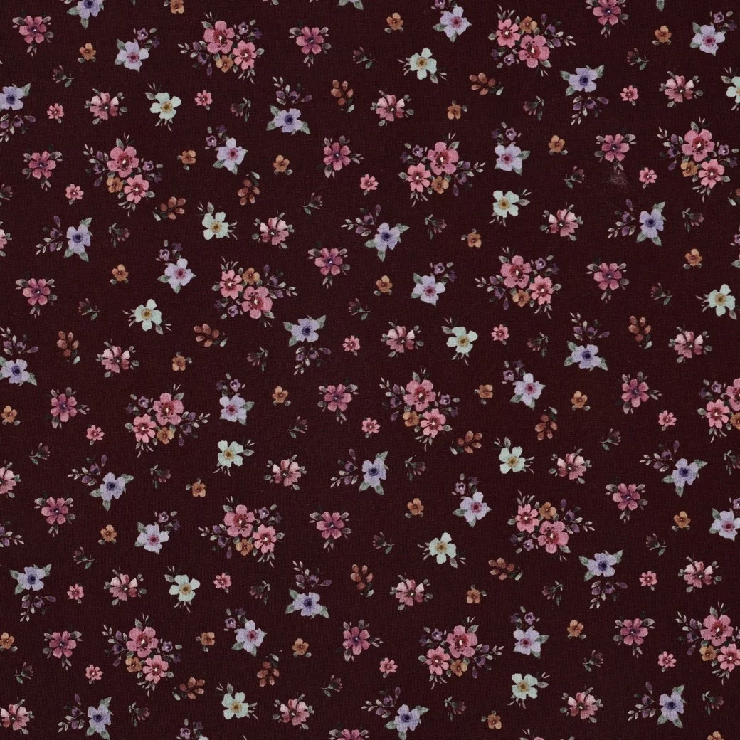 Jersey Katoen Bloemen Bordeauxrood – Zacht, Rekbaar & Ademend