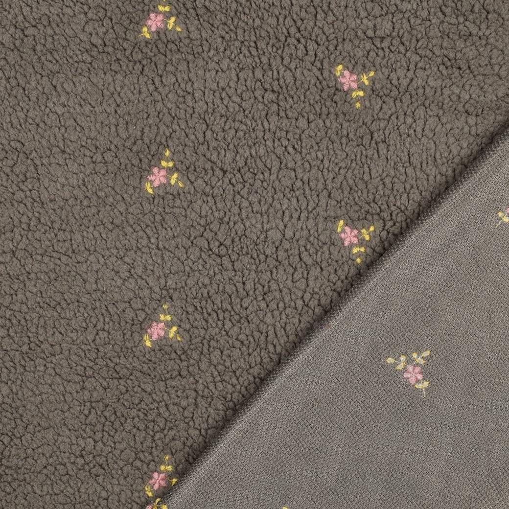 Teddy Stof Embroidery Bloemen Grijs – Zacht & Warm | Poppy Fabrics