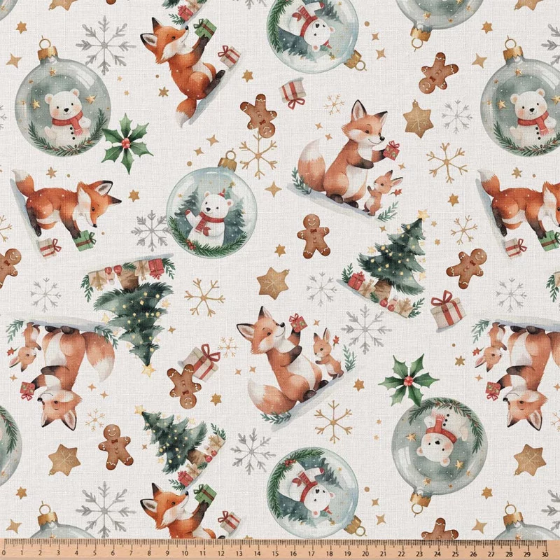 Katoen Poplin Kerststof Vosjes & Kerstballen – Feestelijk