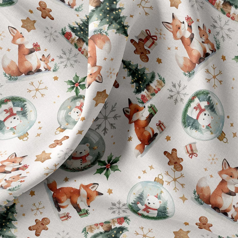Katoen Poplin Kerststof Vosjes & Kerstballen – Feestelijk