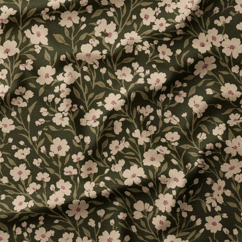 Katoen Corduroy Babyrib Owala – Varengroen met Ecru Bloemenprint
