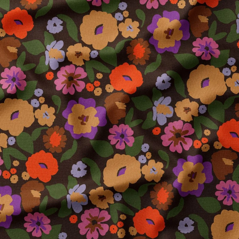 Katoen Corduroy Babyrib Janou2 – Zwart met Kleurrijke Bloemen
