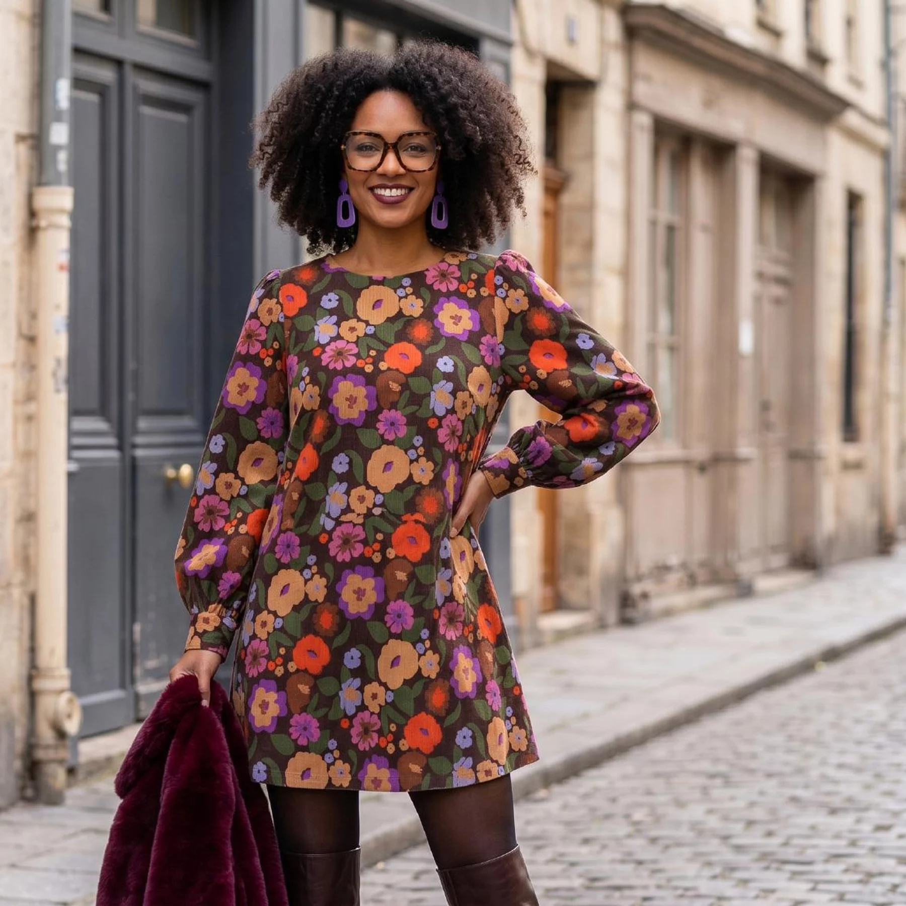 Katoen Corduroy Babyrib Janou2 – Zwart met Kleurrijke Bloemen