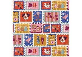 Katoen Poplin Stof – Postzegels Dieren & Fruit