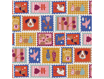 Katoen Poplin Stof – Postzegels Dieren & Fruit