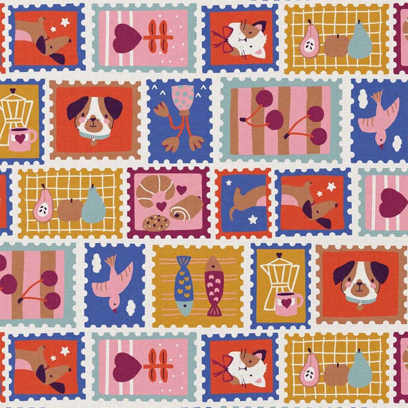 Katoen Poplin Postzegels Dieren & Fruit – Vrolijk & Kleurrijk