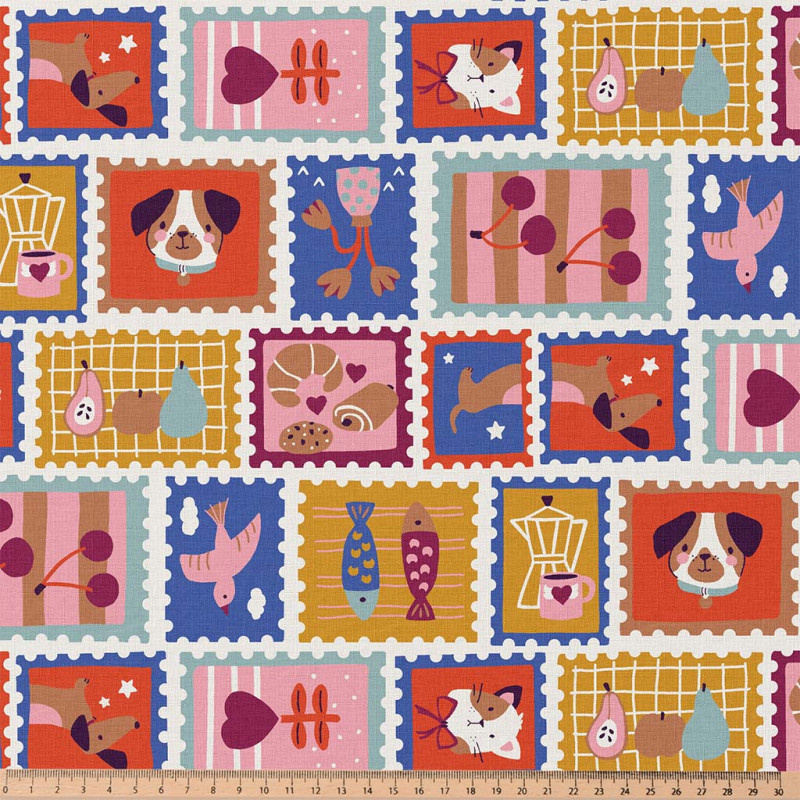 Katoen Poplin Postzegels Dieren & Fruit – Vrolijk & Kleurrijk