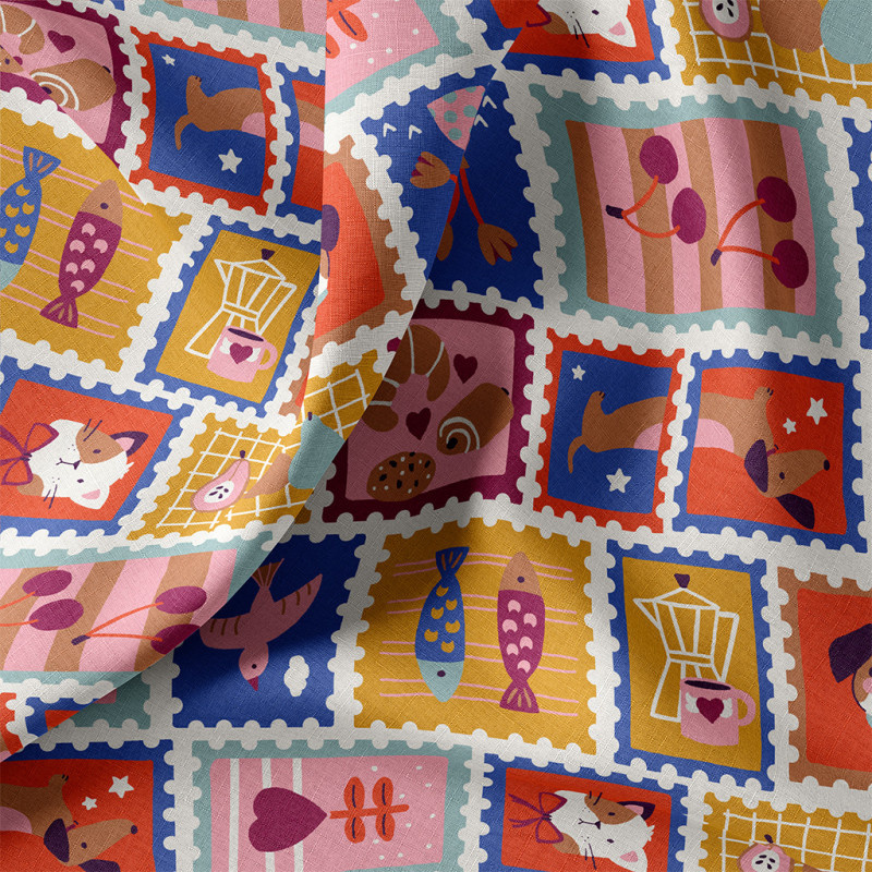 Katoen Poplin Postzegels Dieren & Fruit – Vrolijk & Kleurrijk