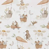 Katoen Poplin Stof - Dieren Droomwereld Wit - Kastanje