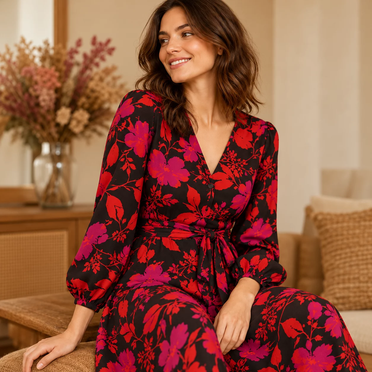 Viscose Stof Bloemen Meimei – Zwart/Rood | Stoffen Online