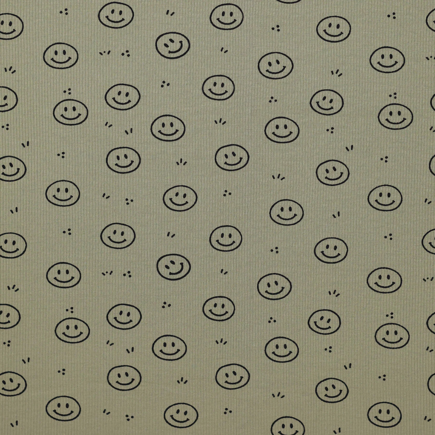 Rib Jersey Stof Bedrukt Smiley Olijf – Vrolijk, Zacht & Rekbaar
