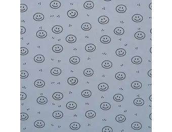 Rib Jersey Stof Bedrukt - Smiley Staalblauw