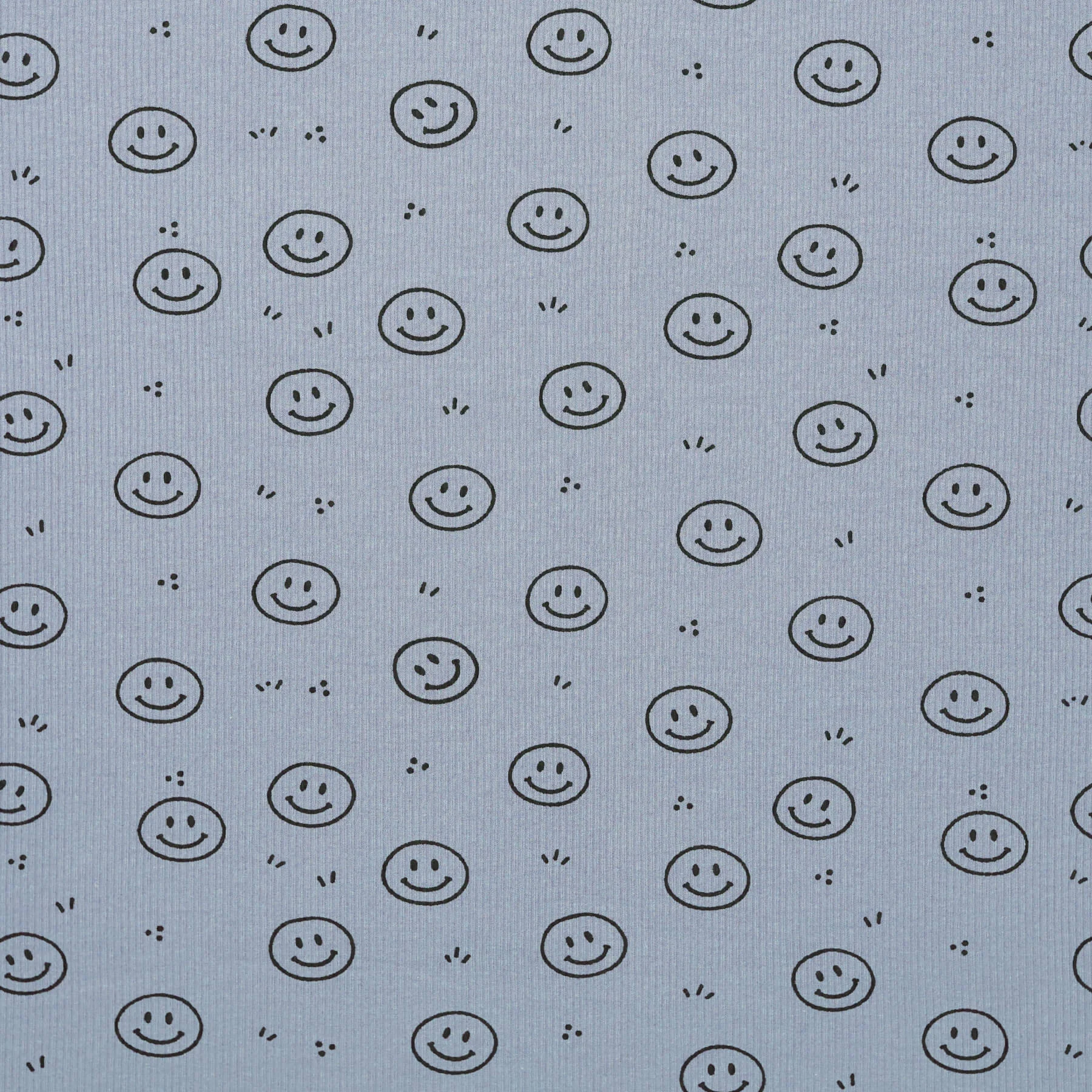 Rib Jersey Stof Bedrukt Smiley Staalblauw – Vrolijk & Rekbaar
