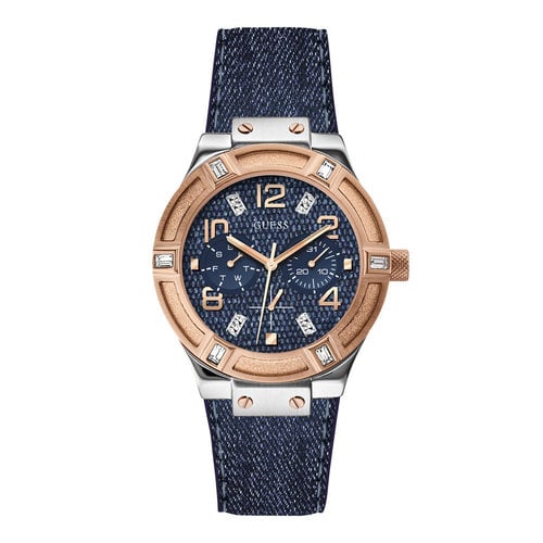 Guess Horloge Guess W0289L1 Jet Setter analoog horloge dames rosé 39mm blauw textiel leren band