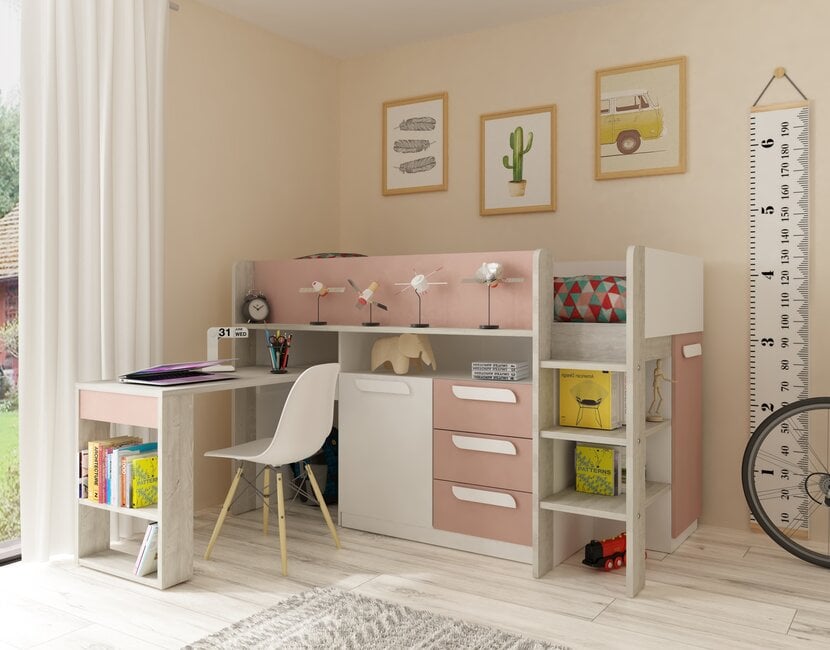 Yolo halfhoogslaper in oud roze met bureau en kast