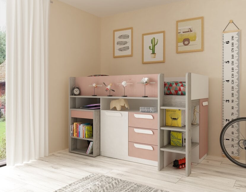 Yolo halfhoogslaper in oud roze met bureau en kast