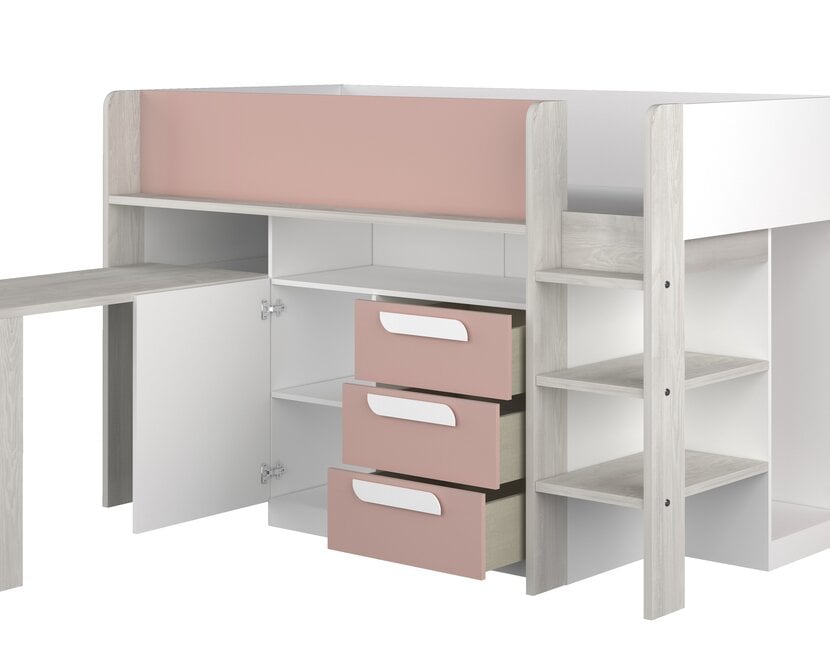 Yolo halfhoogslaper in oud roze met bureau en kast