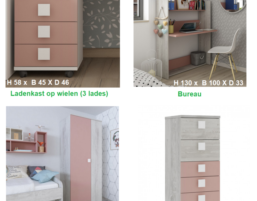 Yolo halfhoogslaper in oud roze met bureau en kast