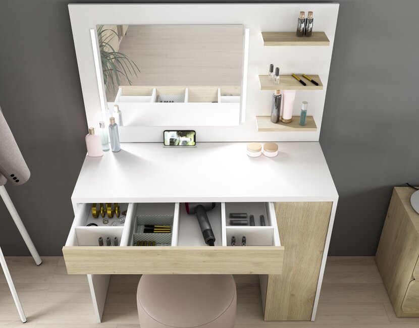 Kaptafel Vanity Glamour - Make-up tafel - Eiken/wit