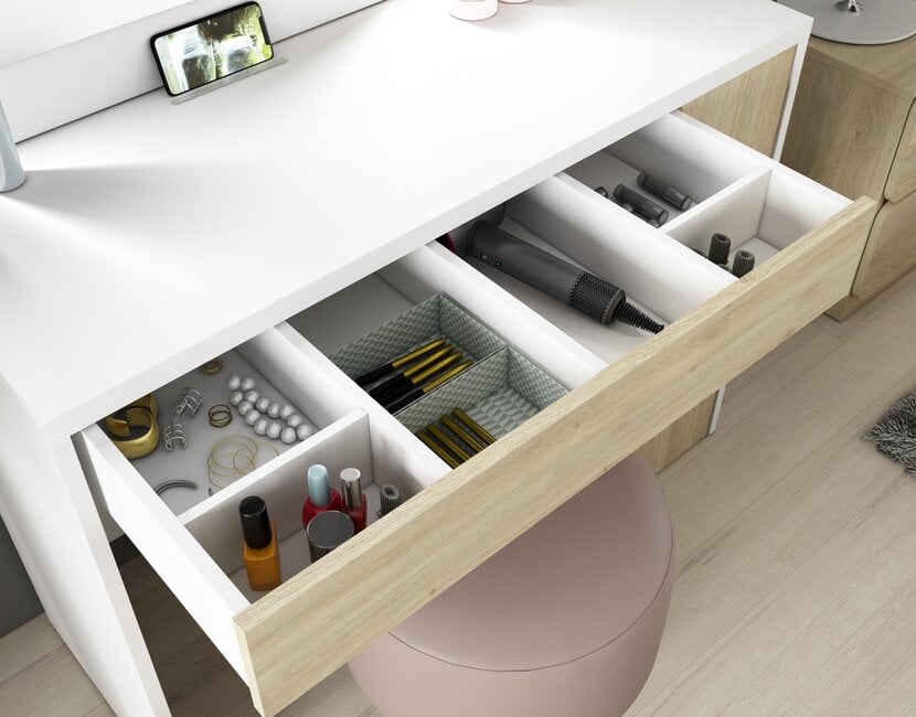 Kaptafel Vanity Glamour - Make-up tafel - Eiken/wit