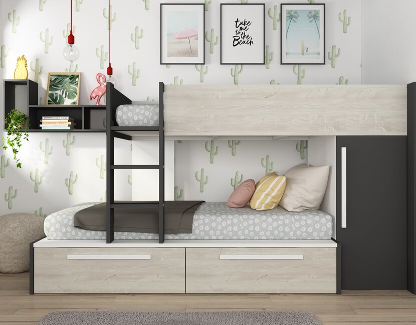 Stapelbed Jules antraciet met kast en 2 lades