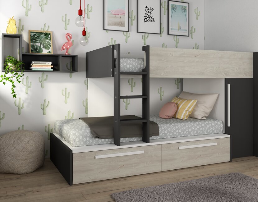 Stapelbed Jules antraciet met kast en 2 lades