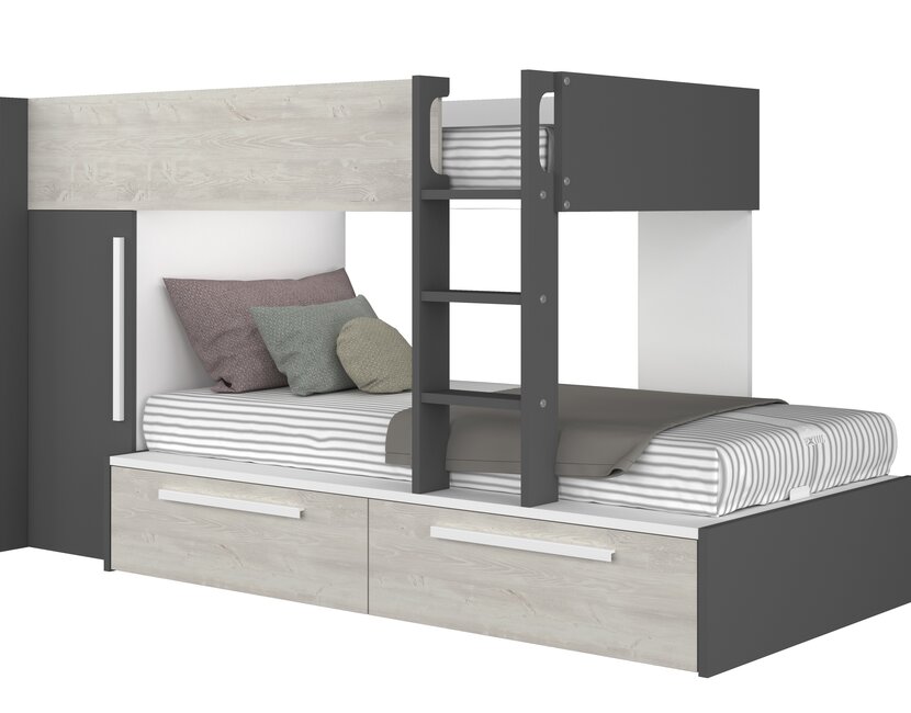 Stapelbed Jules antraciet met kast en 2 lades