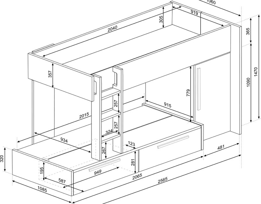 Stapelbed Jules Grijs eiken met kast en 2 lades