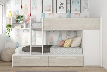 Stapelbed Jules Grijs eiken met kast en 2 lades