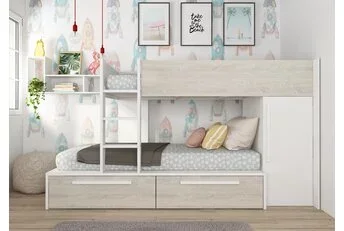 Stapelbed Jules Grijs eiken met kast en 2 lades