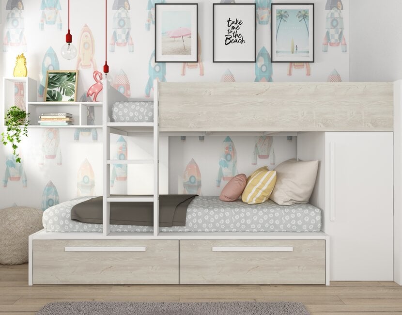 Stapelbed Jules Grijs eiken met kast en 2 lades