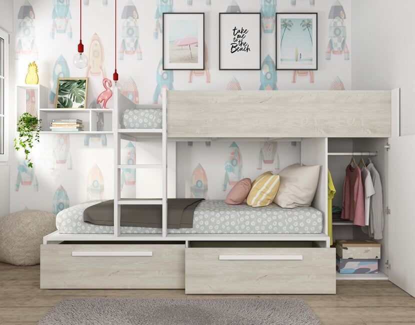 Stapelbed Jules Grijs eiken met kast en 2 lades