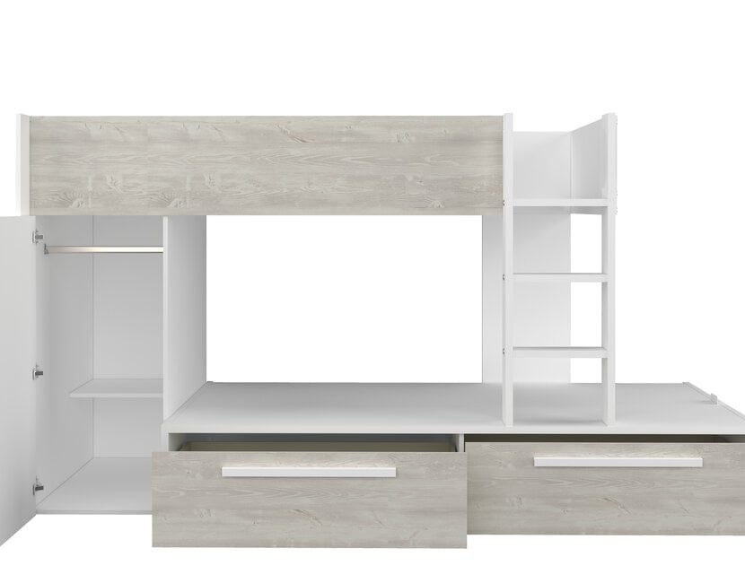 Stapelbed Jules Grijs eiken met kast en 2 lades