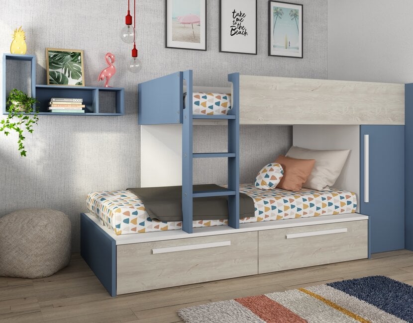 Stapelbed Jules blauw met kast en 2 lades