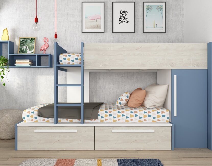 Stapelbed Jules blauw met kast en 2 lades
