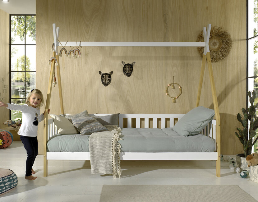 Bedbank Tipi - wit met naturel houtkleur - 90x200