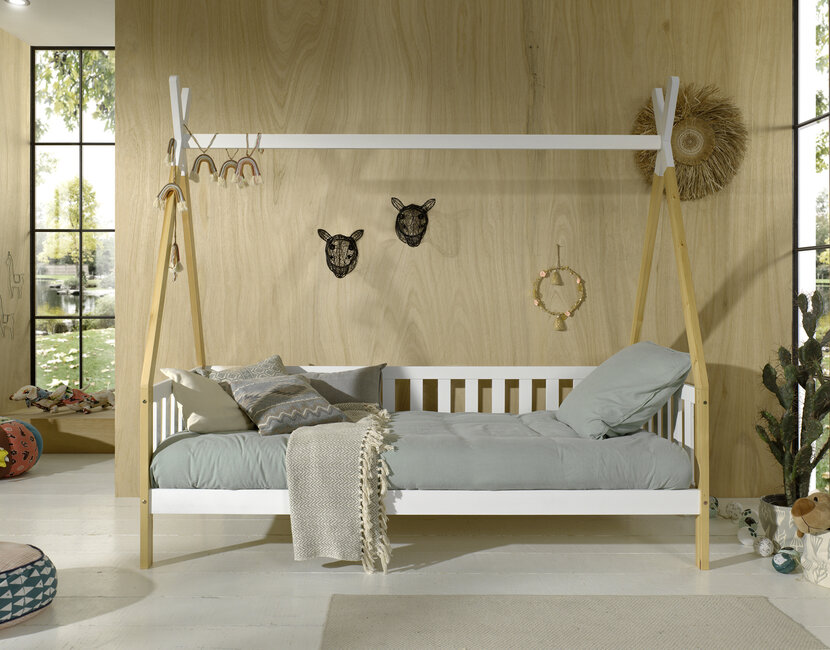 Bedbank Tipi - wit met naturel houtkleur - 90x200