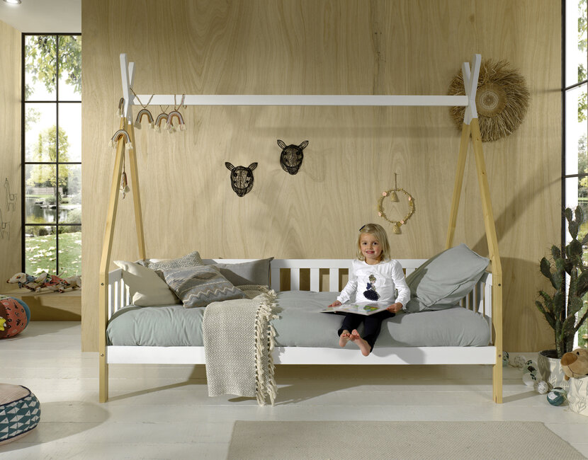 Bedbank Tipi - wit met naturel houtkleur - 90x200