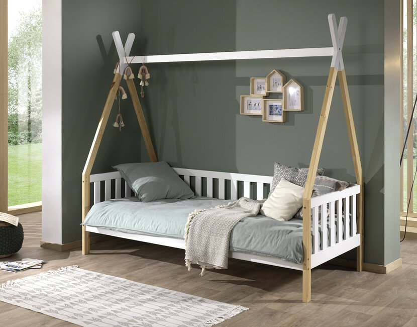 Bedbank Tipi - wit met naturel houtkleur - 90x200