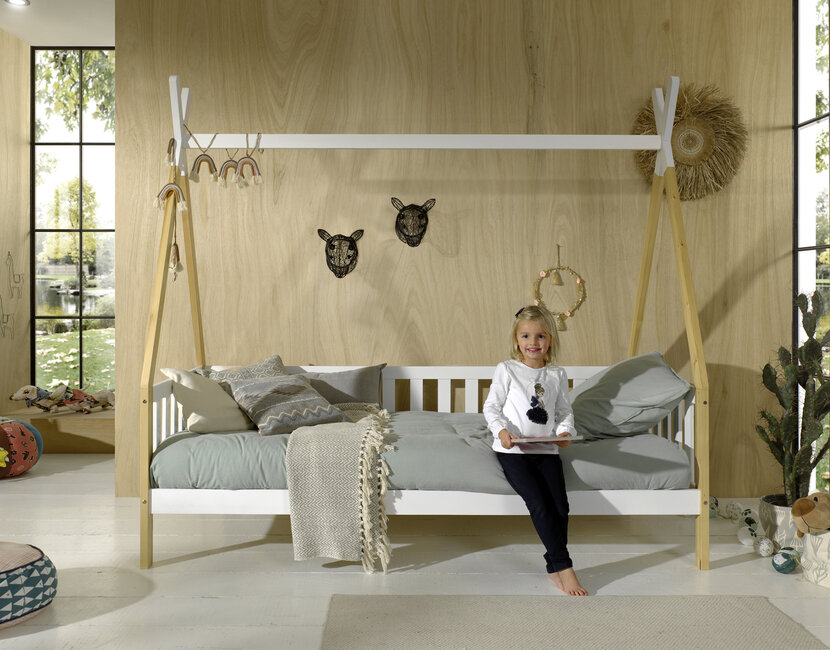 Bedbank Tipi - wit met naturel houtkleur - 90x200