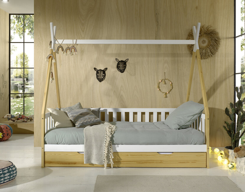 Bedbank Tipi - wit met naturel houtkleur - 90x200