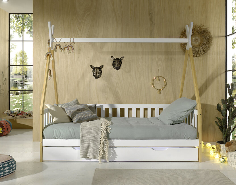 Bedbank Tipi - wit met naturel houtkleur - 90x200