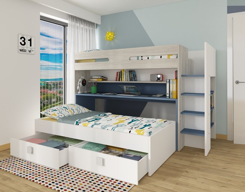 Hoogslaper Spectra Blauw met bureau en bed